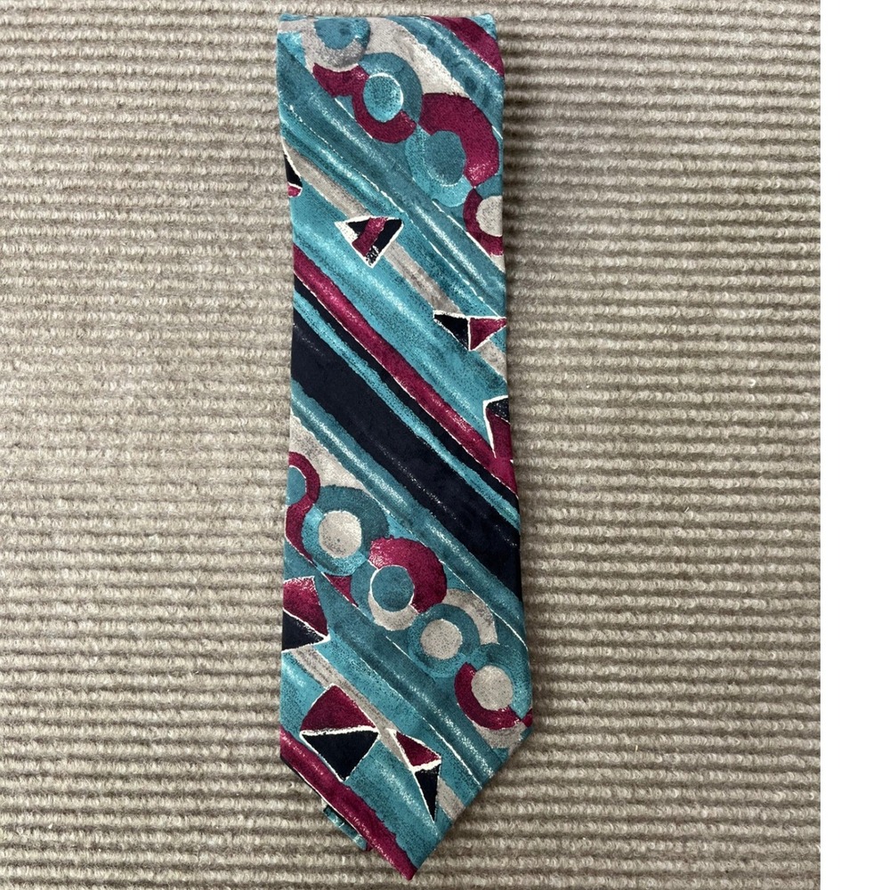 Oscar de la Renta Couture Collection Silk Tie Teal Burgundy Geometric 90s USA